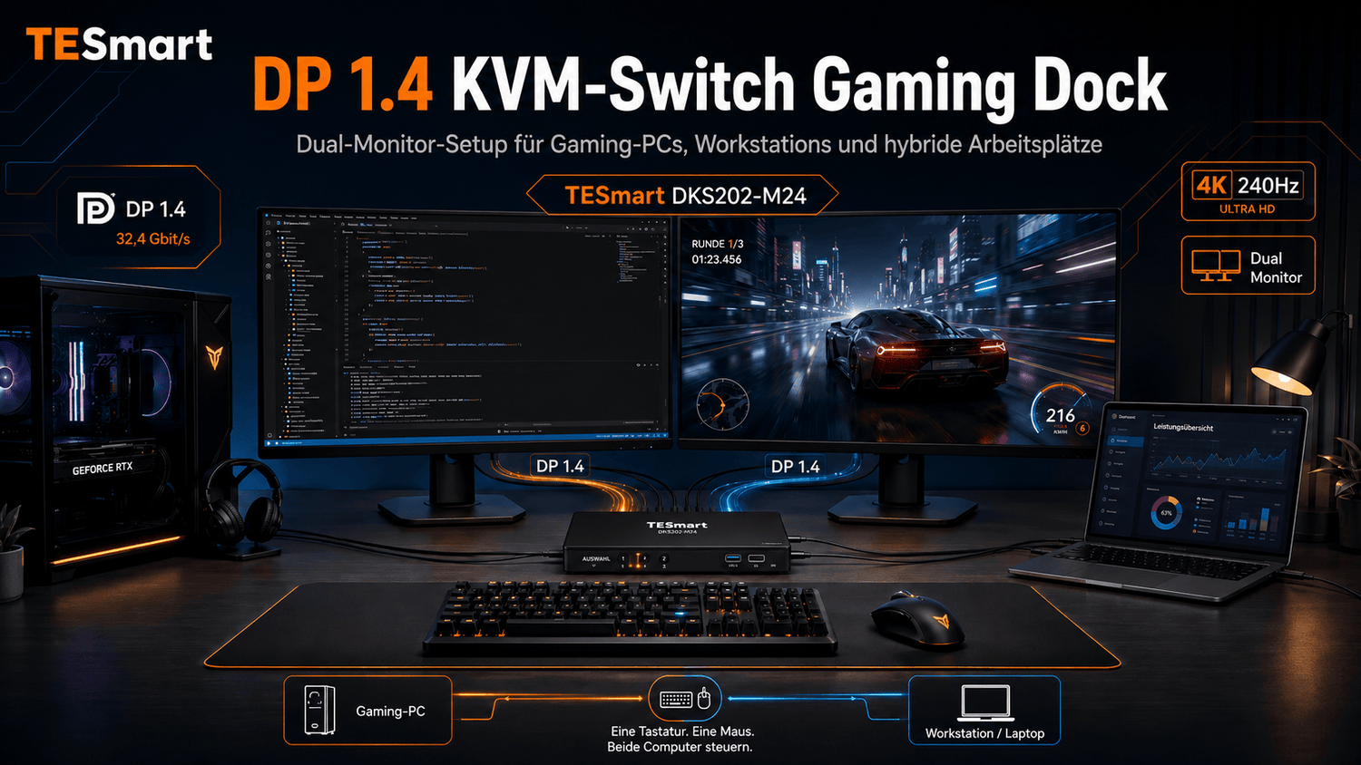 TESmart DKS202-M24 DP 1.4 Dual-Monitor-KVM: 8K@60Hz, Gaming, Workstation und Dual-PC-Setup erklärt
