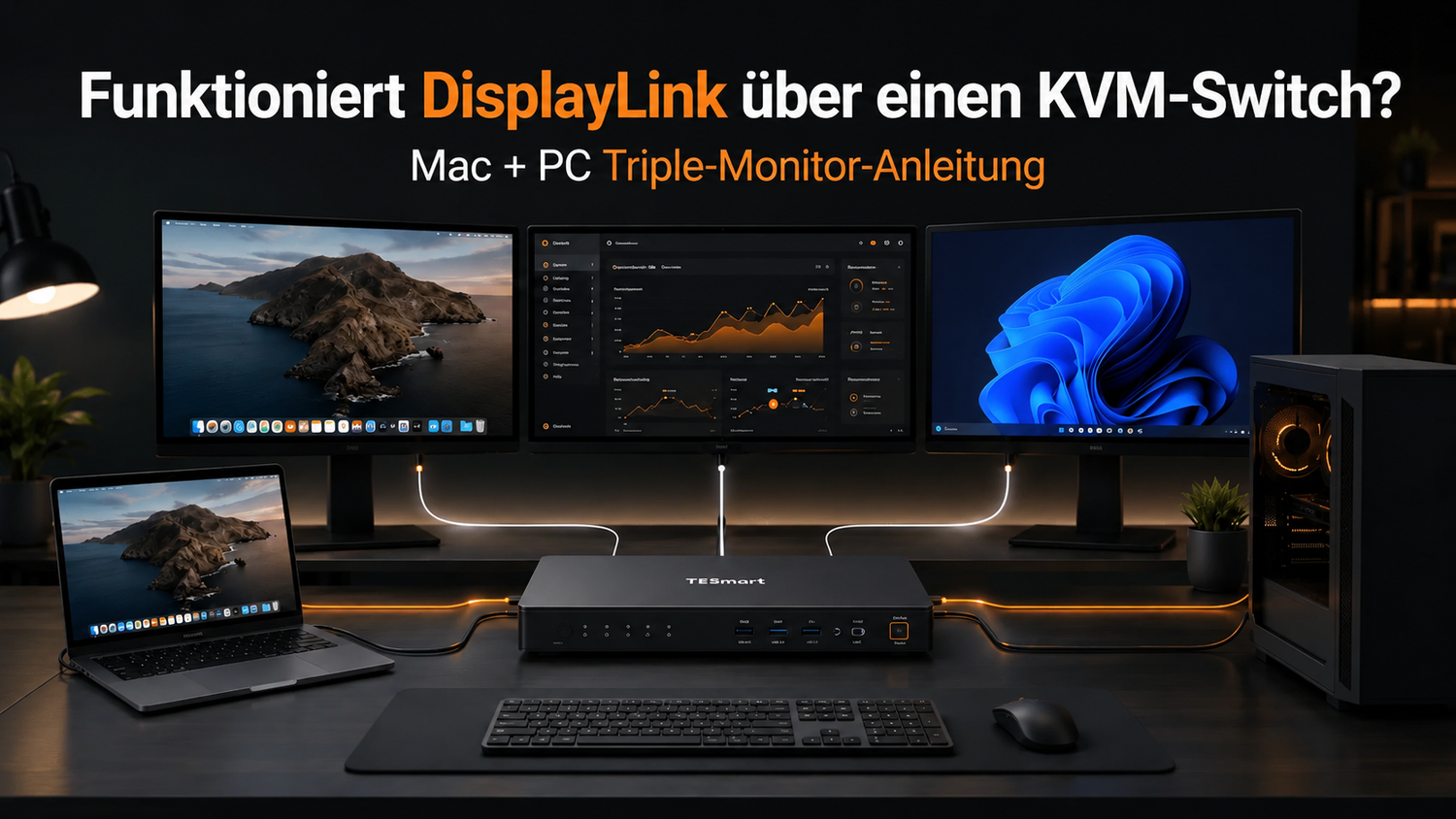 So teilen Sie drei Monitore zwischen MacBook und Windows-PC mit einer DisplayLink-KVM-Dockingstation