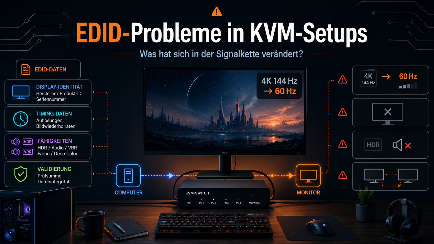 KVM-Switch: Schwarzer Bildschirm oder niedrigere Bildwiederholrate? Wie EDID Anzeigeprobleme verursacht