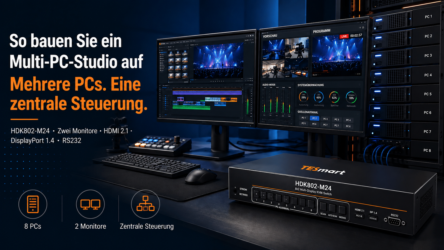 So bauen Sie ein Multi-PC-Studio auf: HDMI 2.1, DisplayPort 1.4, RS232 und Dual-Monitor-KVM erklärt