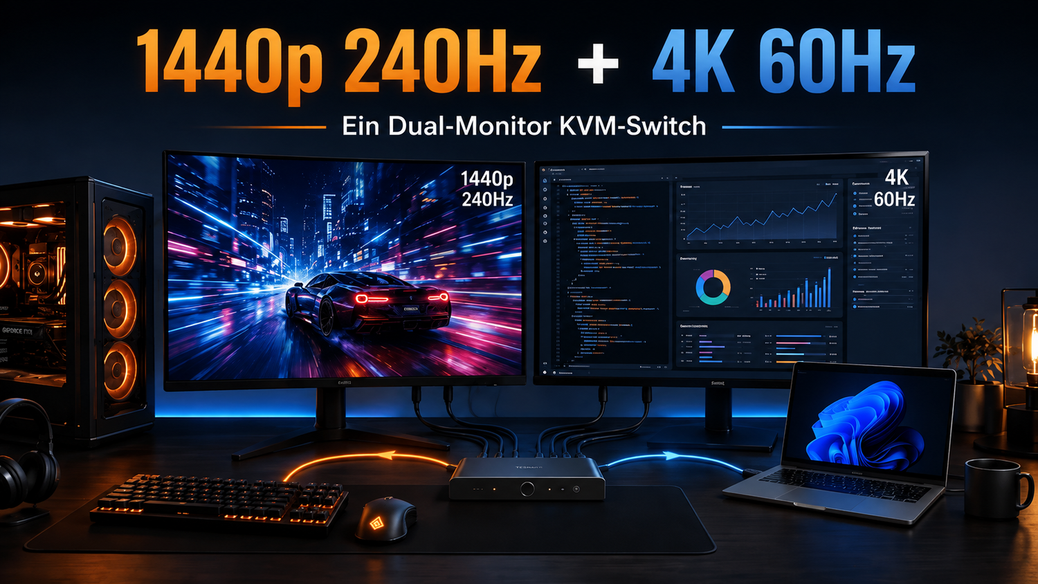 Dual-Monitor-KVM mit unterschiedlichen Bildwiederholraten: 1440p 240Hz Gaming + 4K 60Hz fürs Arbeiten