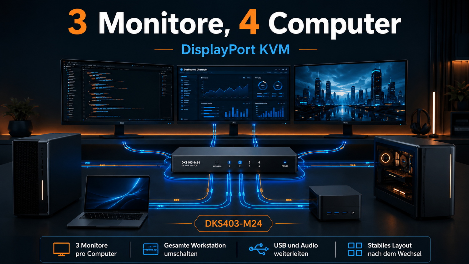 So teilen Sie drei High-Refresh-DisplayPort-Monitore mit vier Computern