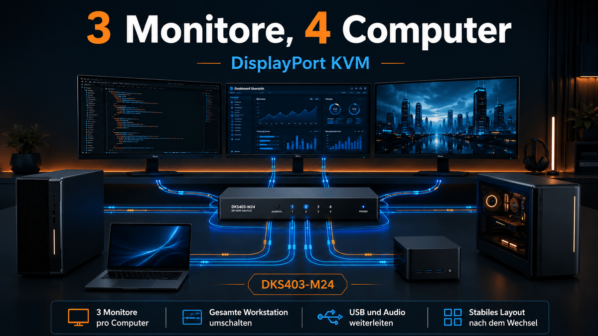 So teilen Sie drei High-Refresh-DisplayPort-Monitore mit vier Computern
