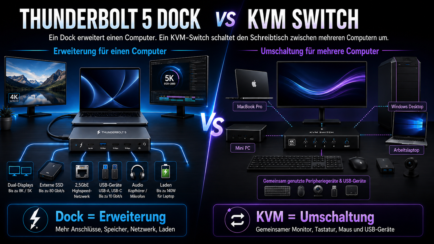 Thunderbolt-5-Dock vs. KVM für Mac und PC: Warum ein Dock keinen KVM-Switch für zwei Computer ersetzt