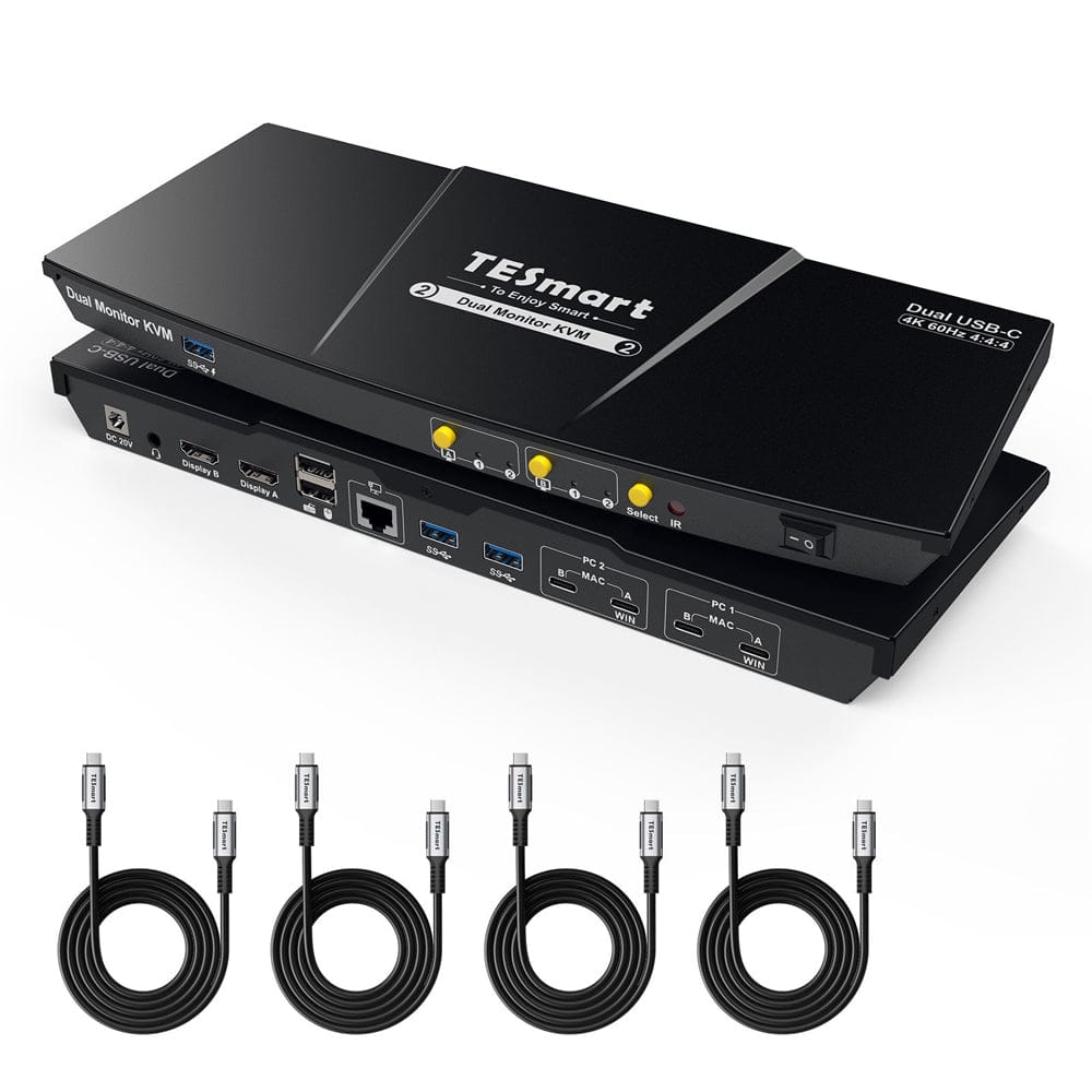 TESmart CKS202-P23-EUBK-N Dual Monitor KVM Switch Dual-Monitor-USB-C-KVM-Dockingstation-Kit - 4K60Hz, MST, EDID für 2 Laptops 10652805092291 USB-C KVM-Switch Dual-Monitor – 2 Laptops, 4K60Hz, MST, EDID | TESmart EU Plug