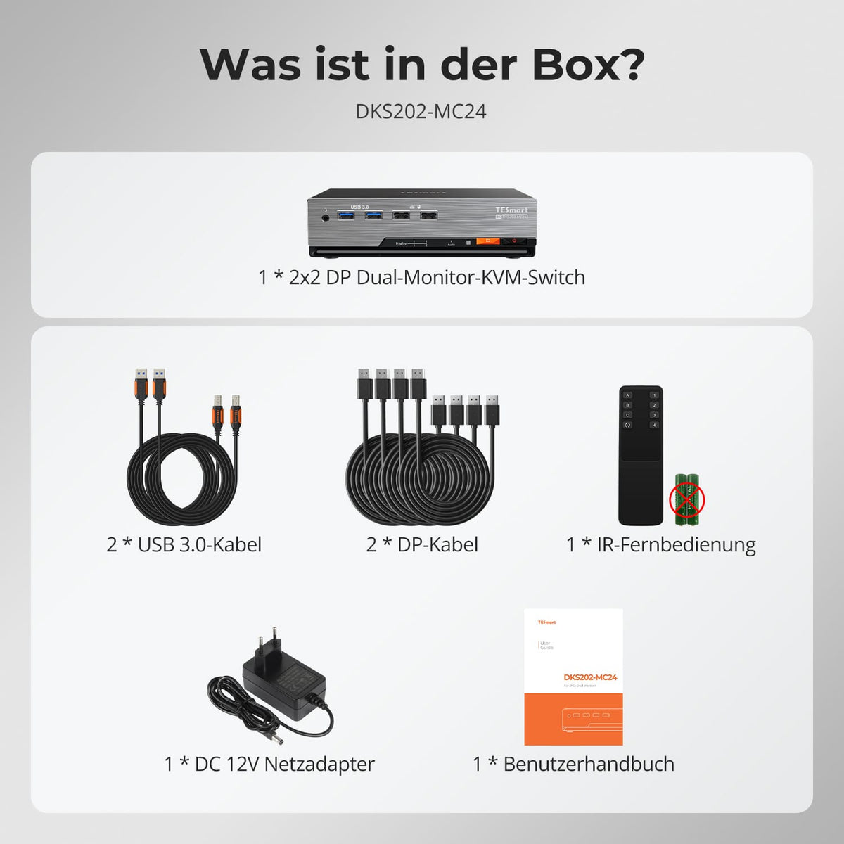 TESmart.DE DKS202-MC24-EUBK Dual Monitor KVM Switcher 2×2 DP-1.4-KVM | 8K60/4K144 &amp; SmartClip DP 1.4 KVM-Switch für 2 PCs – 8K/4K, USB 3.2 &amp; Gigabit LAN | TESmart