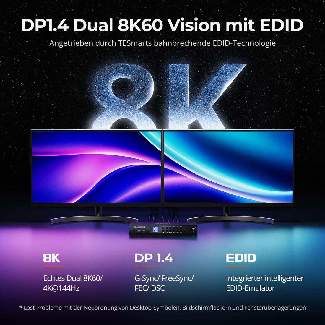TESmart.DE DKS402-M24-EUBK DP 1.4 Dual 8K@60Hz KVM-Switch mit Netzwerk-Hub &amp; Smart EDID – für IT-Profis, Kreative &amp; Multi-PC-Setups DP 1.4 Dual 8K@60Hz KVM-Switch mit Netzwerk-Hub &amp; Smart EDID – für IT-Profis, Kreative &amp; Multi-PC-Setups
