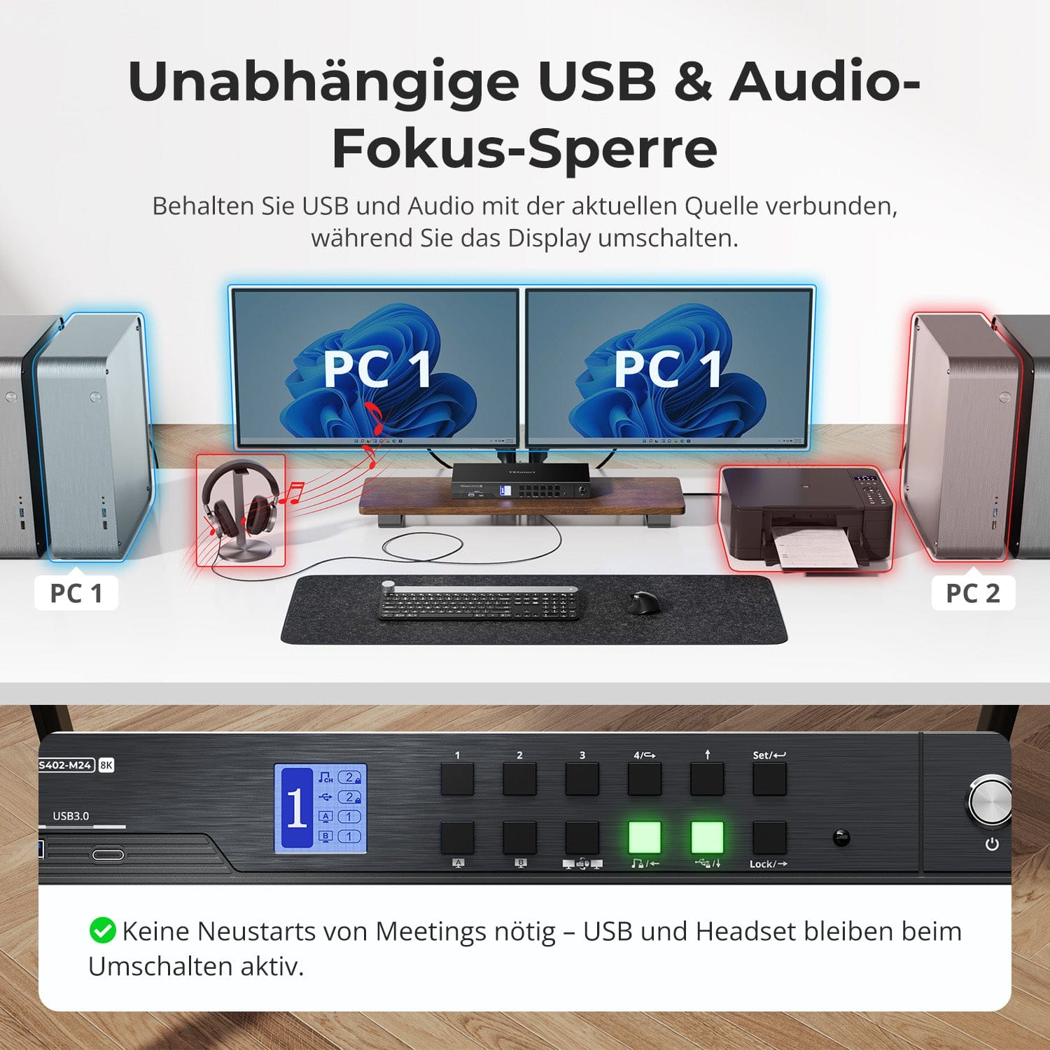 TESmart.DE DKS402-M24-EUBK DP 1.4 Dual 8K@60Hz KVM-Switch mit Netzwerk-Hub &amp; Smart EDID – für IT-Profis, Kreative &amp; Multi-PC-Setups DP 1.4 Dual 8K@60Hz KVM-Switch mit Netzwerk-Hub &amp; Smart EDID – für IT-Profis, Kreative &amp; Multi-PC-Setups