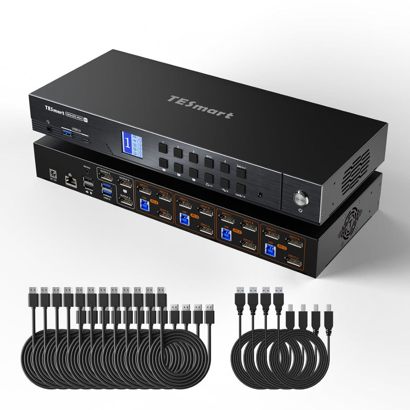TESmart.DE DKS403-M24-EUBK DP-1.4-Triple-8K@60Hz-KVM-Switch-Hub für 4 PCs &amp; 3 Monitore, mit EDID-Emulation, Audio-/USB-Fokus-Sperre &amp; Multi-Switching. DP-1.4-Triple-8K@60Hz-KVM-Switch-Hub für 4 PCs &amp; 3 Monitore, mit EDID-Emulation, Audio-/USB-Fokus-Sperre &amp; Multi-Switching.