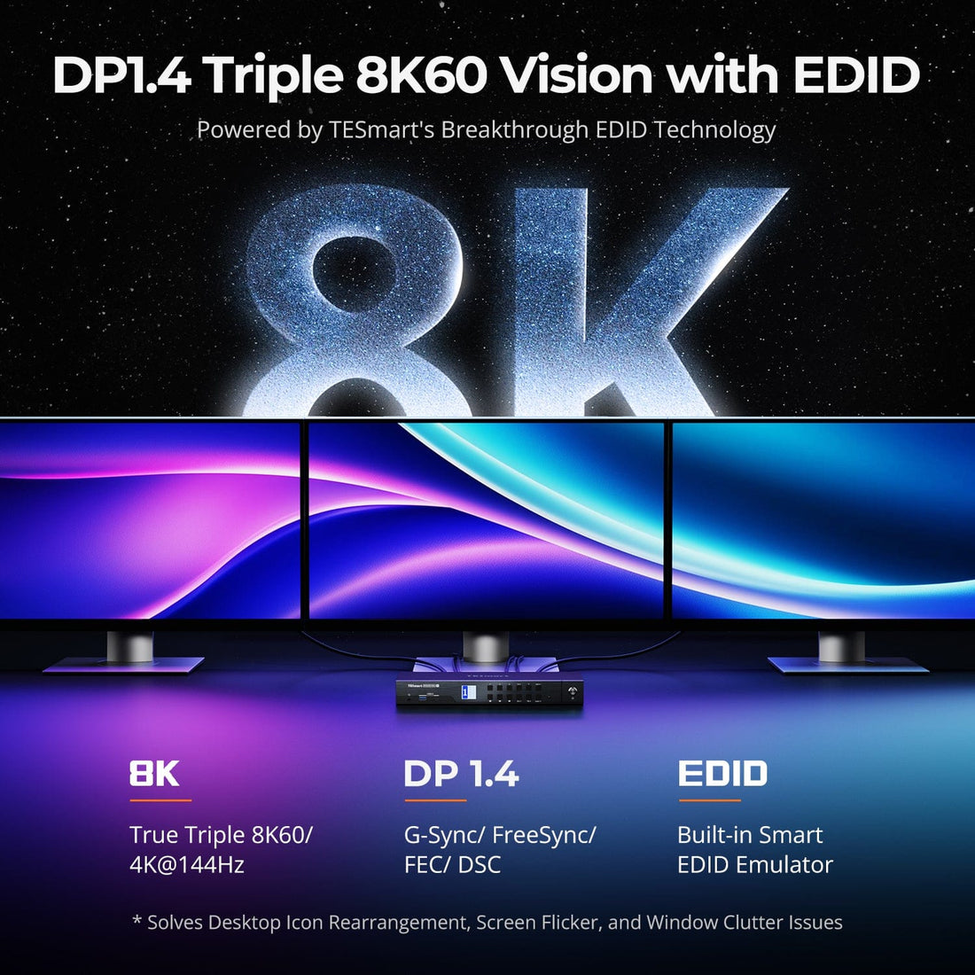 TESmart.DE DKS403-M24-EUBK DP-1.4-Triple-8K@60Hz-KVM-Switch-Hub für 4 PCs &amp; 3 Monitore, mit EDID-Emulation, Audio-/USB-Fokus-Sperre &amp; Multi-Switching. DP-1.4-Triple-8K@60Hz-KVM-Switch-Hub für 4 PCs &amp; 3 Monitore, mit EDID-Emulation, Audio-/USB-Fokus-Sperre &amp; Multi-Switching.