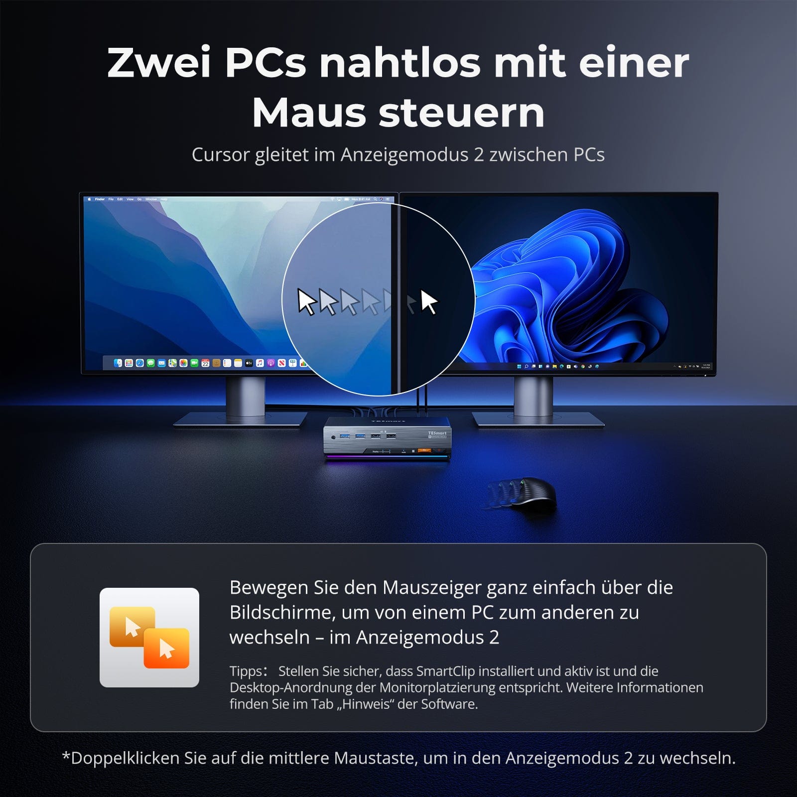 TESmart.DE DP 1.4 Dual 8K@60Hz 4K@144Hz KVM Switch for 2 PCs &amp; 2 Monitors, w/ Multi-PC Control, Drag-and-Drop File Share, USB 3.2 Gen1 &amp; Built-in Gigabit Network Nahtlose Kontrolle von 2 PCs mit gestochen scharfer DP 1.4-Videoqualität (8K@60Hz / 4K@144Hz), USB 3.2 Gen1 SuperSpeed &amp; integriertem Gigabit-Netzwerk.