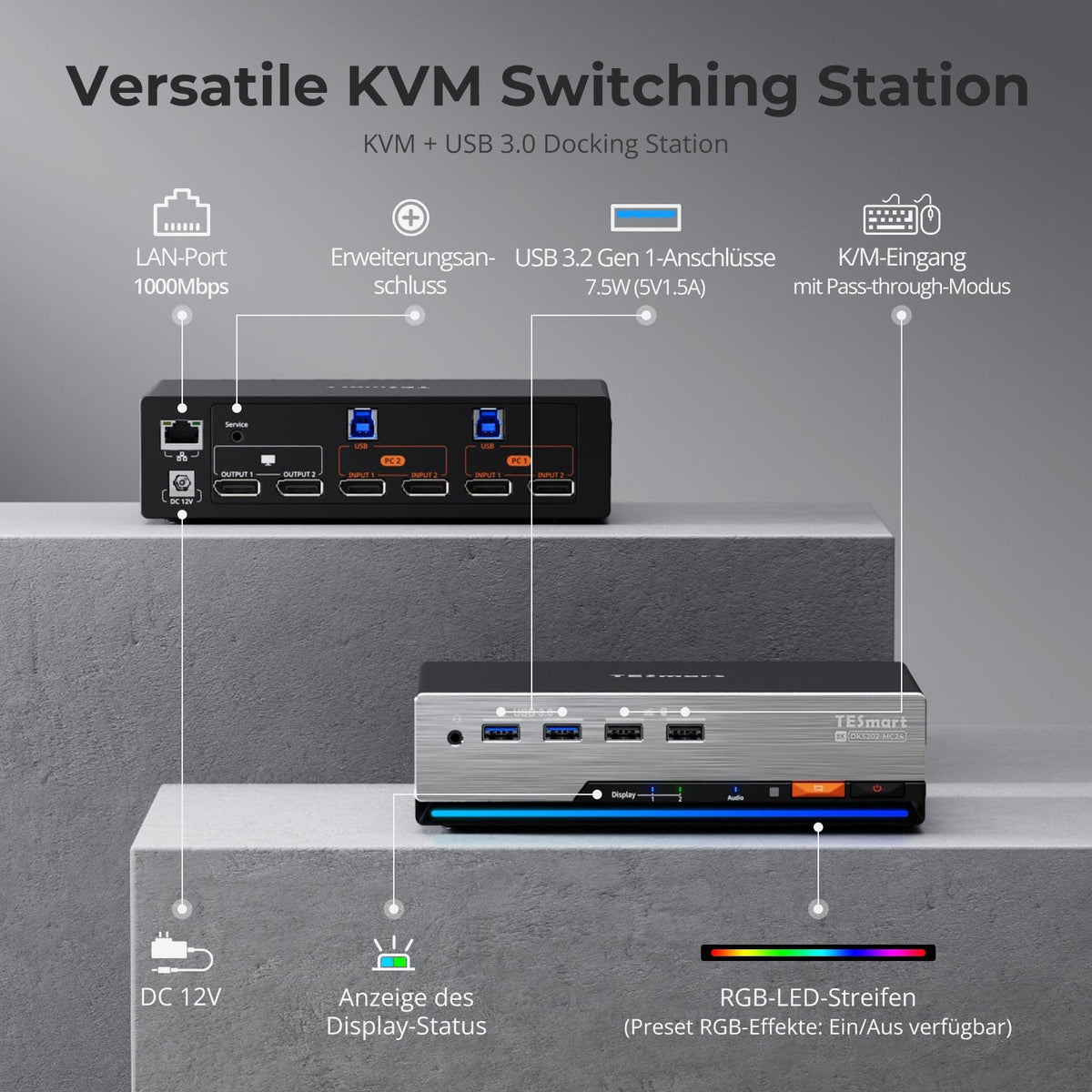 TESmart.DE DP 1.4 Dual 8K@60Hz 4K@144Hz KVM Switch for 2 PCs & 2 Monitors, w/ Multi-PC Control, Drag-and-Drop File Share, USB 3.2 Gen1 & Built-in Gigabit Network Nahtlose Kontrolle von 2 PCs mit gestochen scharfer DP 1.4-Videoqualität (8K@60Hz / 4K@144Hz), USB 3.2 Gen1 SuperSpeed & integriertem Gigabit-Netzwerk.