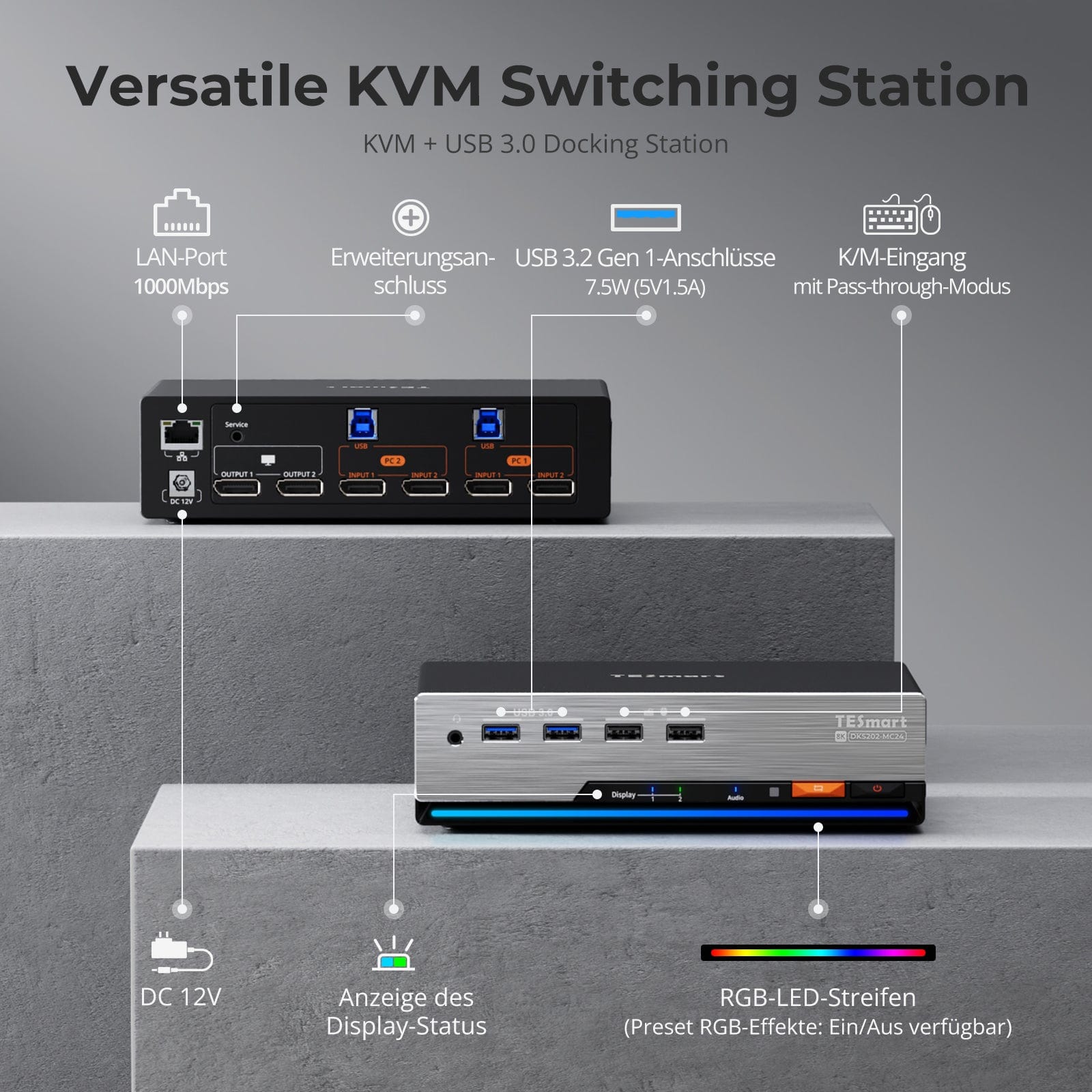 TESmart.DE DP 1.4 Dual 8K@60Hz 4K@144Hz KVM Switch for 2 PCs &amp; 2 Monitors, w/ Multi-PC Control, Drag-and-Drop File Share, USB 3.2 Gen1 &amp; Built-in Gigabit Network Nahtlose Kontrolle von 2 PCs mit gestochen scharfer DP 1.4-Videoqualität (8K@60Hz / 4K@144Hz), USB 3.2 Gen1 SuperSpeed &amp; integriertem Gigabit-Netzwerk.