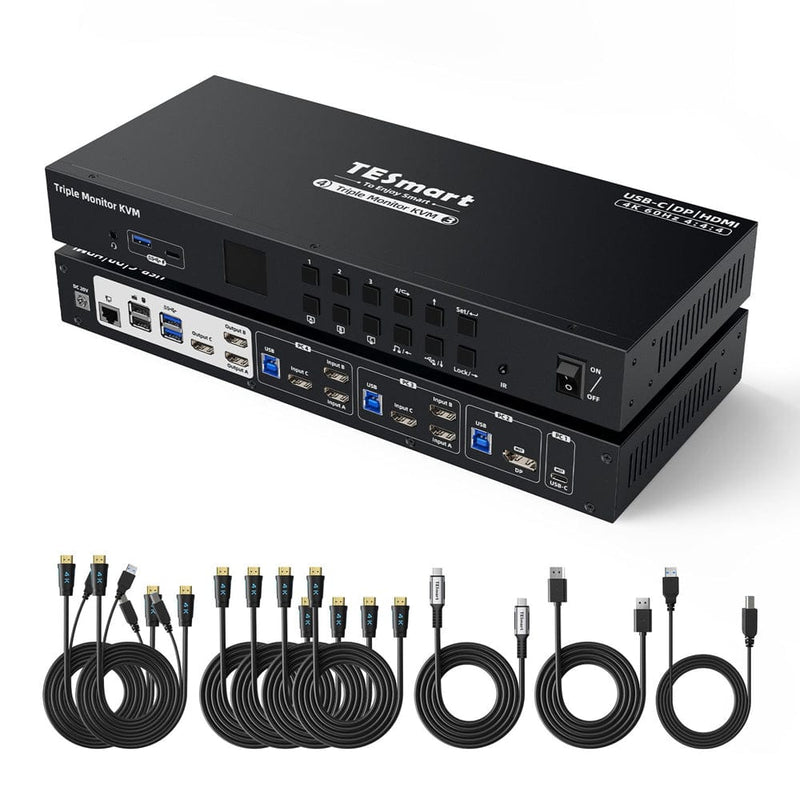 TESmart.DE Drei Monitor KVM Switcher Drei Monitor MST KVM-Dockingstation-Kit - 4K60Hz, EDID für 1 Laptop &amp; 3 PCs 4-Port Triple-Monitor MST KVM-Dock 4K60Hz mit 60W PD &amp; EDID | TESmart