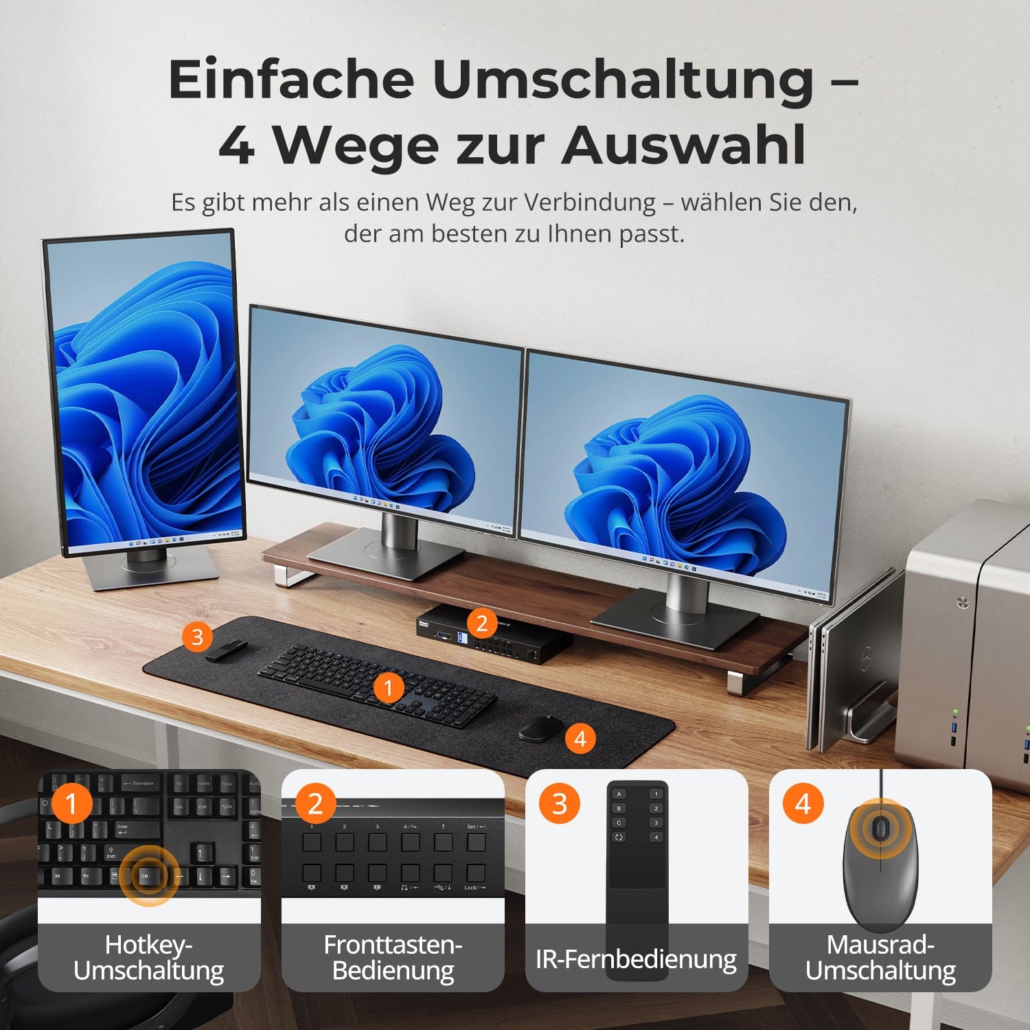 TESmart.DE Drei Monitor KVM Switcher Drei Monitor MST KVM-Dockingstation-Kit - 4K60Hz, EDID für 1 Laptop &amp; 3 PCs 4-Port Triple-Monitor MST KVM-Dock 4K60Hz mit 60W PD &amp; EDID | TESmart