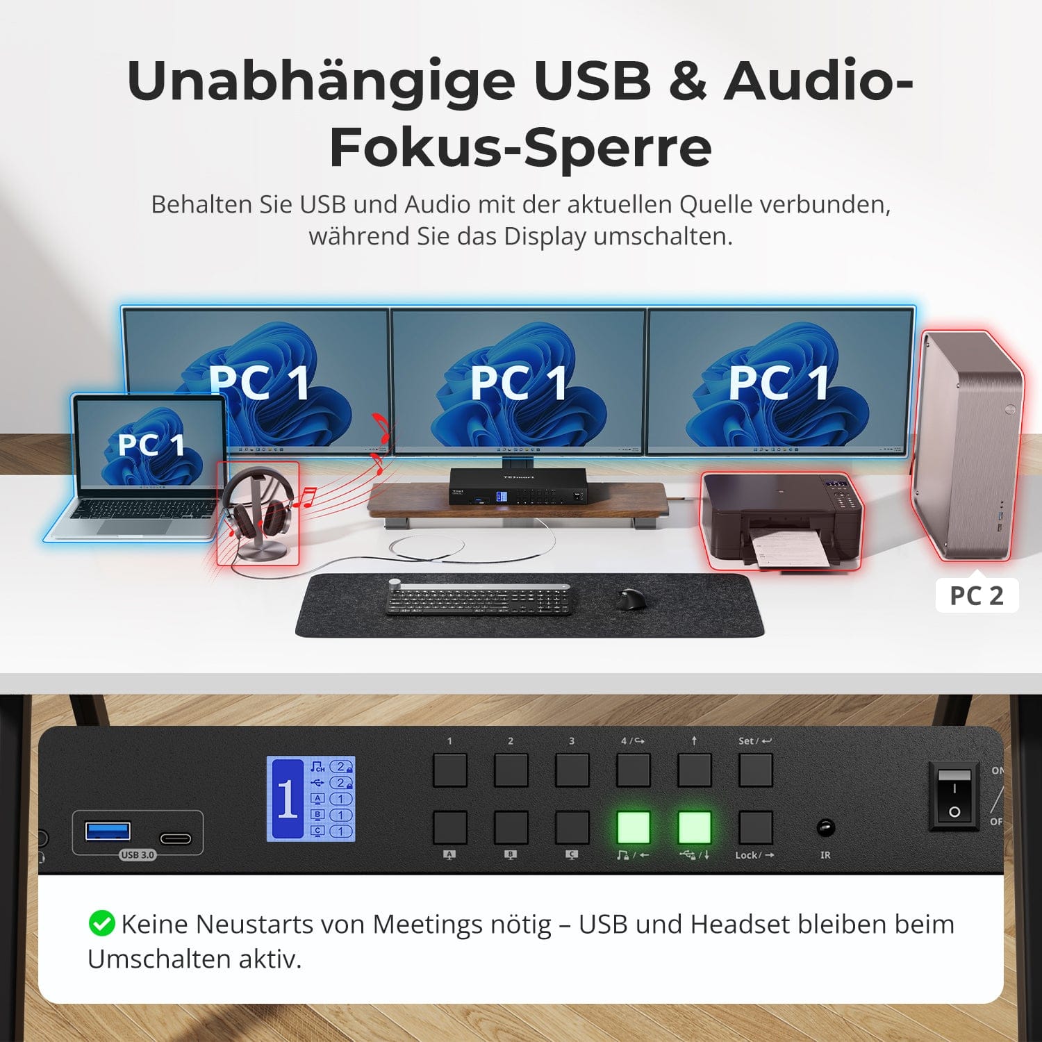 TESmart.DE Drei Monitor KVM Switcher Drei Monitor MST KVM-Dockingstation-Kit - 4K60Hz, EDID für 1 Laptop &amp; 3 PCs 4-Port Triple-Monitor MST KVM-Dock 4K60Hz mit 60W PD &amp; EDID | TESmart