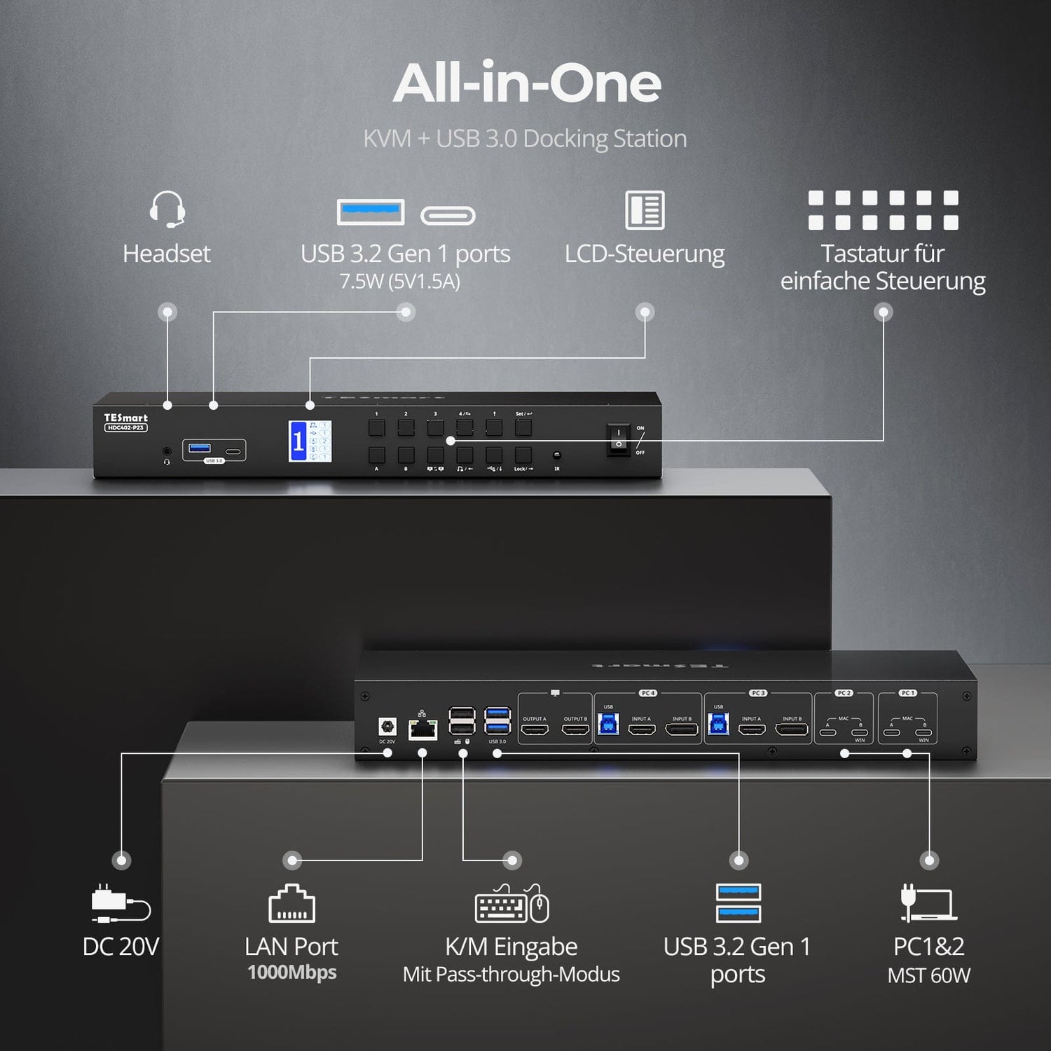 TESmart.DE HDC402-P23-EUBK Dual-Monitor-Hybrid USB-C/HDMI/DP 4K60Hz KVM-Switch Pro-Hub für 2 Laptops &amp; 2 PCs, mit MST-Modus, EDID-Emulation, Gigabit-LAN und Dual-Ladefunktion Dual 4K60Hz Hybrid-KVM Pro-Hub für 4 PCs &amp; 2 Monitore, mit MST-Modus, EDID-Emulation, Gigabit-LAN &amp; Dual-Ladefunktion
