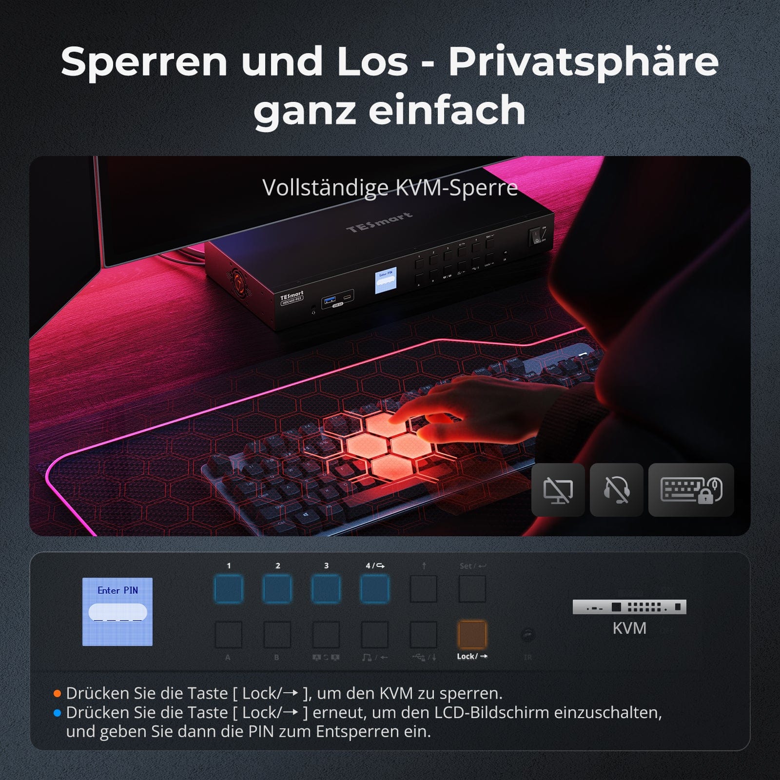 TESmart.DE HDC402-P23-EUBK Dual-Monitor-Hybrid USB-C/HDMI/DP 4K60Hz KVM-Switch Pro-Hub für 2 Laptops &amp; 2 PCs, mit MST-Modus, EDID-Emulation, Gigabit-LAN und Dual-Ladefunktion Dual 4K60Hz Hybrid-KVM Pro-Hub für 4 PCs &amp; 2 Monitore, mit MST-Modus, EDID-Emulation, Gigabit-LAN &amp; Dual-Ladefunktion