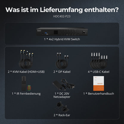 TESmart.DE HDC402-P23-EUBK Dual-Monitor-Hybrid USB-C/HDMI/DP 4K60Hz KVM-Switch Pro-Hub für 2 Laptops &amp; 2 PCs, mit MST-Modus, EDID-Emulation, Gigabit-LAN und Dual-Ladefunktion Dual 4K60Hz Hybrid-KVM Pro-Hub für 4 PCs &amp; 2 Monitore, mit MST-Modus, EDID-Emulation, Gigabit-LAN &amp; Dual-Ladefunktion