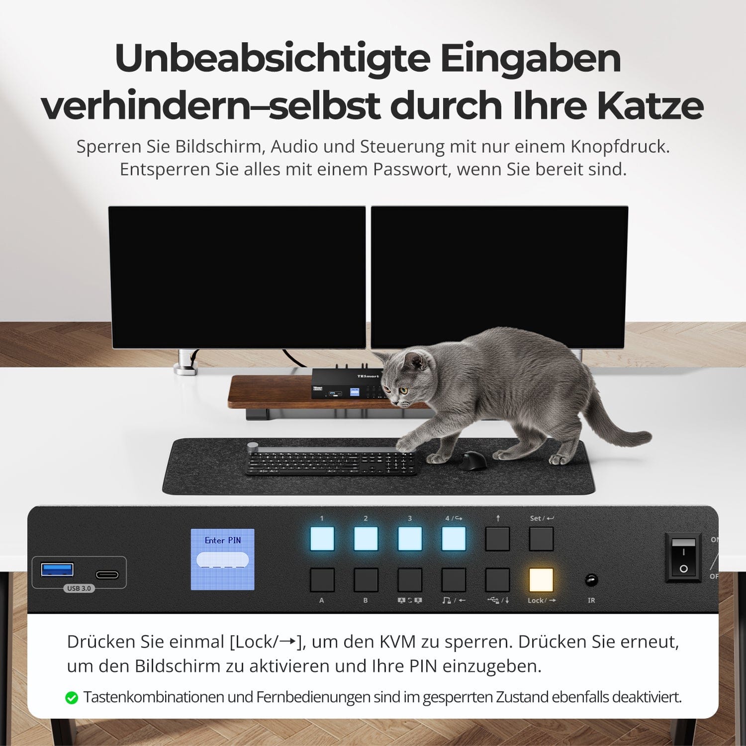 TESmart.DE HDC402-P23-EUBK Dual Monitor KVM Switch Dual-Monitor-Hybrid USB-C/HDMI/DP 4K60Hz KVM-Switch Pro-Hub für 2 Laptops &amp; 2 PCs, mit MST-Modus, EDID-Emulation, Gigabit-LAN und Dual-Ladefunktion 4-Port Dual 4K60Hz Hybrid KVM-Switch für 4 PCs &amp; 2 Monitore | TESmart