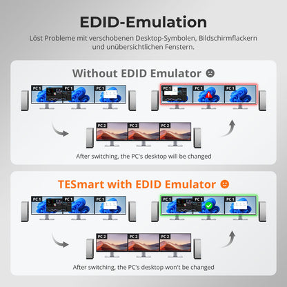 TESmart.DE HDK203-M24-EUBK KVM Switch HDMI 2.1 &amp; DP 1.4 Triple 4K144Hz KVM Switch Gaming-Dockingstation für 2 PCs &amp; 3 Monitore, mit ADI-Chip, EDID, VRR, FVA, ALLM und Dynamischem HDR 10652805090778 Dual 4K144Hz HDMI 2.1 &amp; DP 1.4 KVM-Switch für 2 PCs &amp; 3 Monitore | TESmart EU Plug