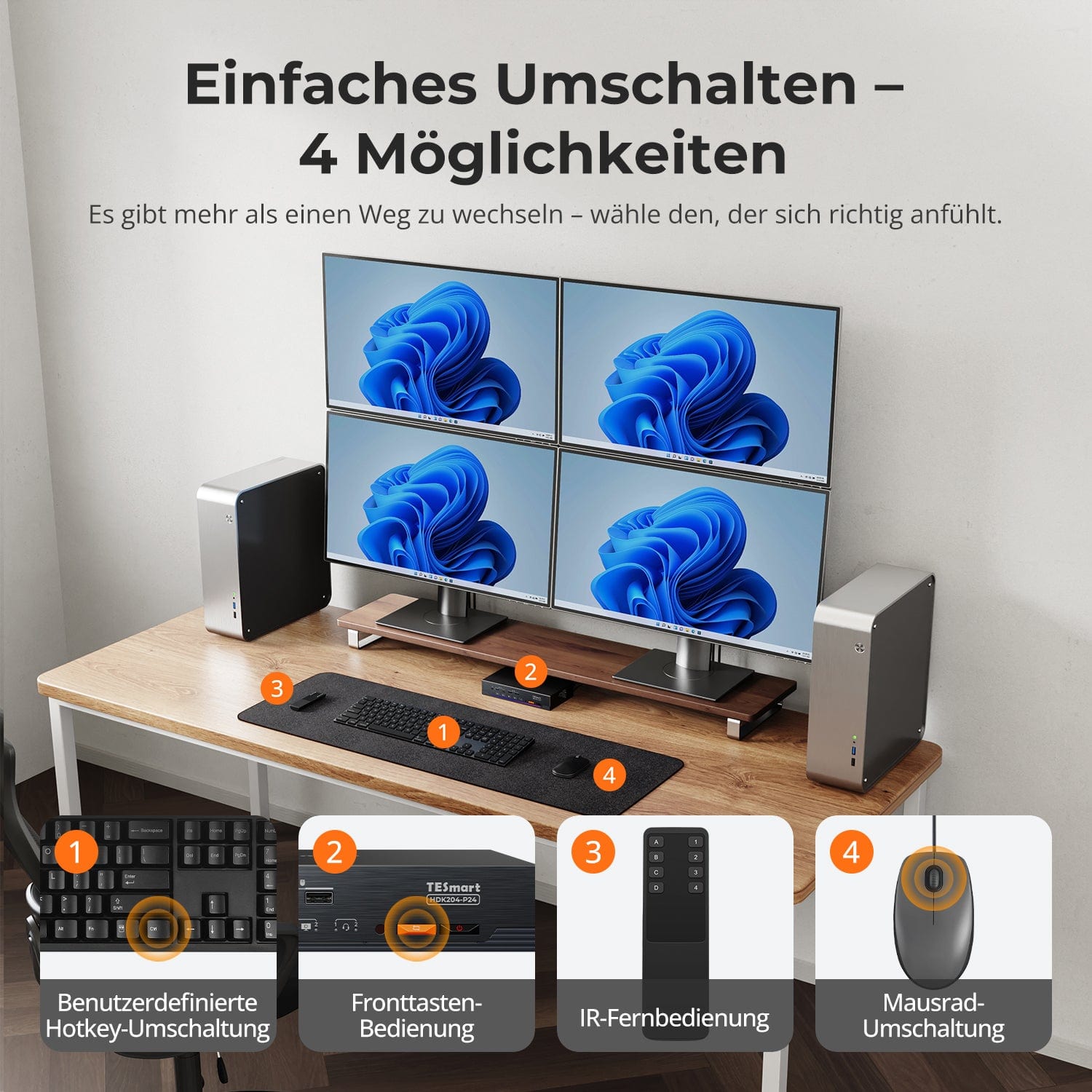 TESmart.DE HDK204-P24-EUBK Quad 4K60 HDMI DP KVM Switch - mit USB 3.2 Hub, Gigabit-LAN &amp; EDID für 2-PC-Workstations 10652805092031 Quad 4K60 HDMI DP KVM Switch - mit USB 3.2 Hub, Gigabit-LAN &amp; EDID für 2-PC-Workstations