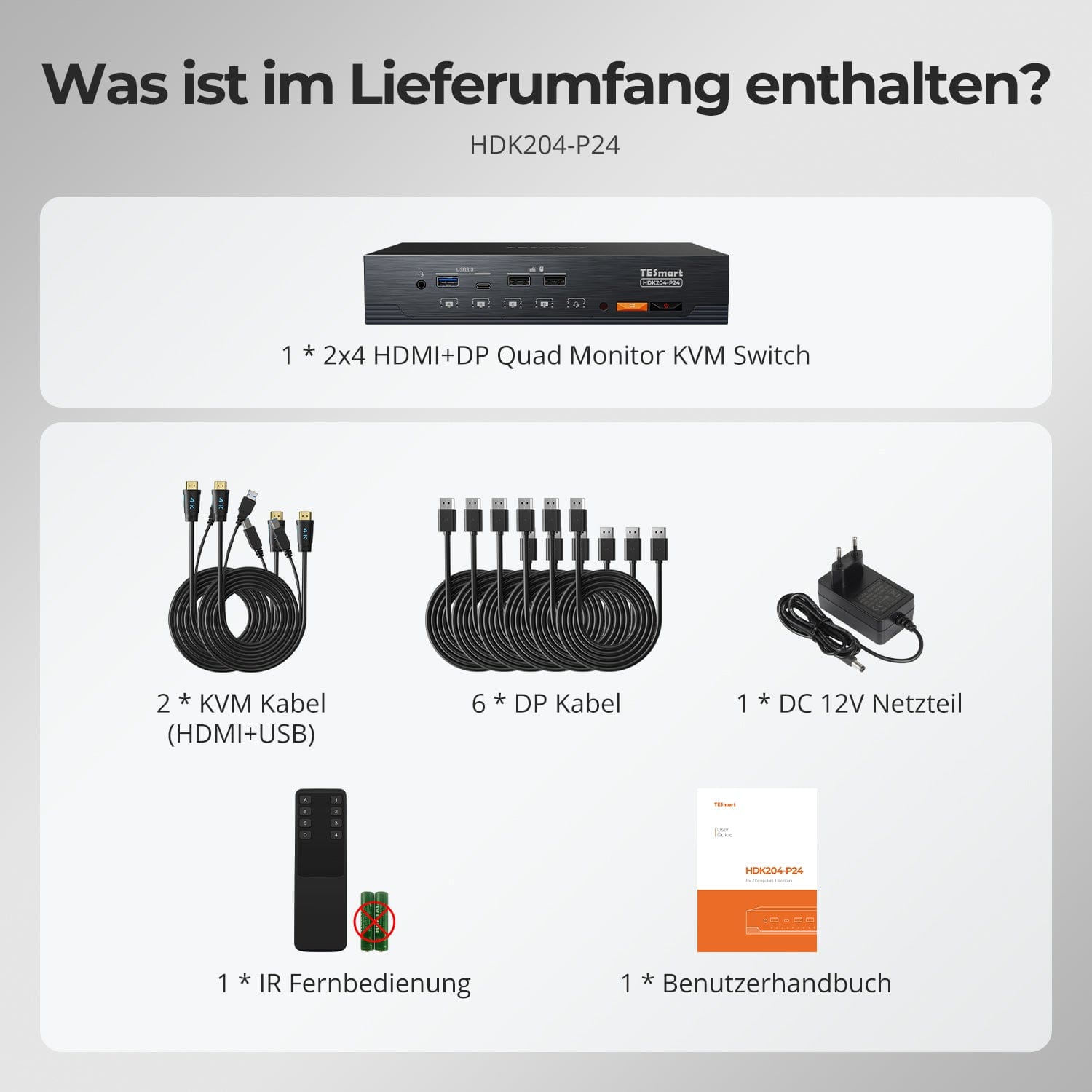 TESmart.DE HDK204-P24-EUBK Quad 4K60 HDMI DP KVM Switch - mit USB 3.2 Hub, Gigabit-LAN &amp; EDID für 2-PC-Workstations 10652805092031 Quad 4K60 HDMI DP KVM Switch - mit USB 3.2 Hub, Gigabit-LAN &amp; EDID für 2-PC-Workstations