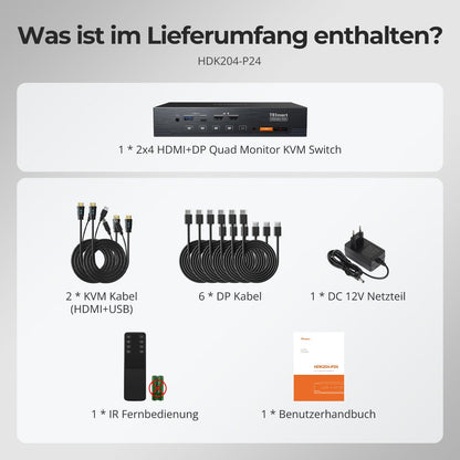 TESmart.DE HDK204-P24-EUBK Quad 4K60 HDMI DP KVM Switch - mit USB 3.2 Hub, Gigabit-LAN &amp; EDID für 2-PC-Workstations 10652805092031 Quad 4K60 HDMI DP KVM Switch - mit USB 3.2 Hub, Gigabit-LAN &amp; EDID für 2-PC-Workstations