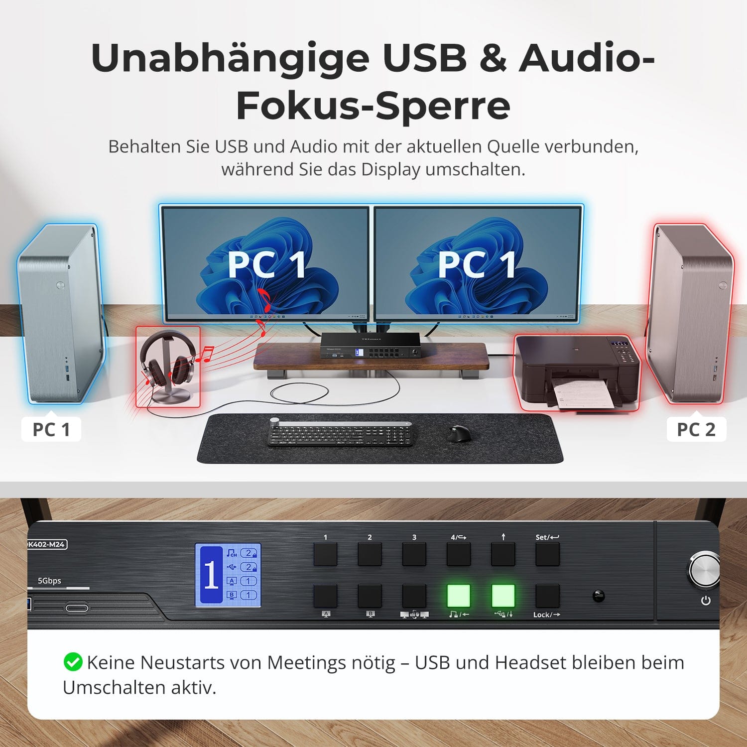 TESmart.DE HDK402-M24-EUBK Dual Monitor KVM Switch HDMI 2.1 &amp; DP 1.4 Dual 4K144Hz KVM-Switch Gaming-Dock für 4 PCs &amp; 2 Monitore, mit ADI-Chip, EDID, VRR, FVA, ALLM und Dynamic HDR 10652805090815 4-Port HDMI 2.1 &amp; DP 1.4 4K144Hz VRR KVM-Switch mit ADI-Chip | TESmart