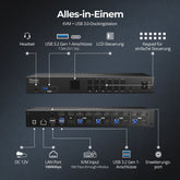 TESmart.DE HDK403-P23-EUBK HDMI 2.0 & DP 1.2 Triple Monitor KVM-Switch 4K60Hz mit USB 3.0 Hub, Headset, Audio & Mikrofon HDMI 2.0 & DP 1.2 Triple 4K60 KVM-Switch für 4 PCs & 3 Monitore, USB 3.2 Gen 1, Hotkey-Unterstützung, IR-Fernbedienung, USB-Laden