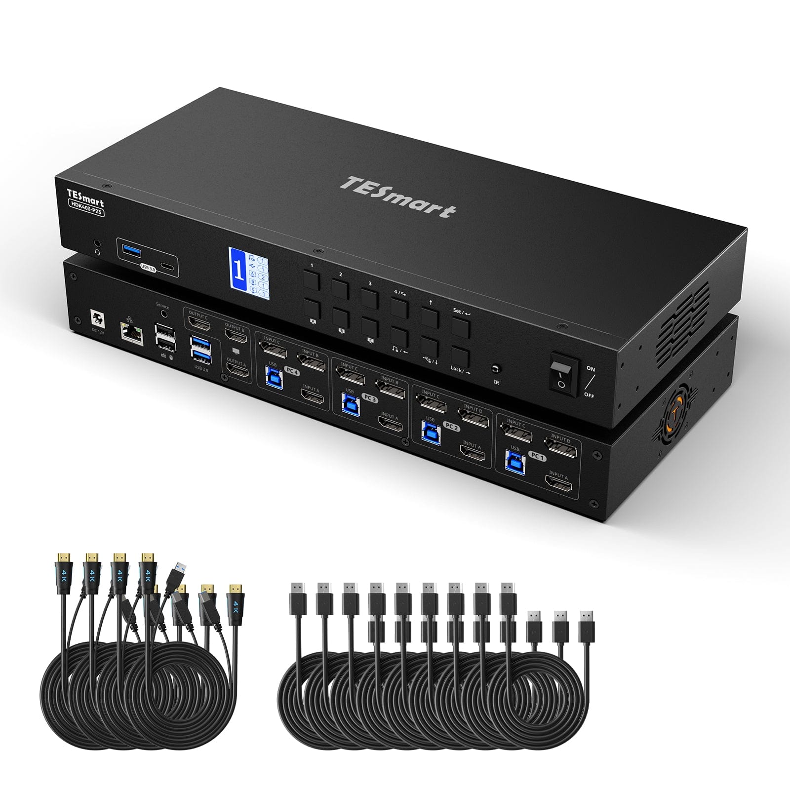 TESmart.DE HDK403-P23-EUBK HDMI 2.0 & DP 1.2 Triple Monitor KVM-Switch 4K60Hz mit USB 3.0 Hub, Headset, Audio & Mikrofon HDMI 2.0 & DP 1.2 Triple 4K60 KVM-Switch für 4 PCs & 3 Monitore, USB 3.2 Gen 1, Hotkey-Unterstützung, IR-Fernbedienung, USB-Laden