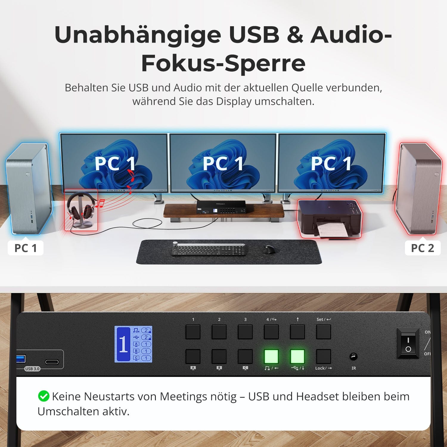 TESmart.DE HDK403-P23-EUBK KVM Switch HDMI 2.0 &amp; DP 1.2 Triple Monitor KVM-Switch 4K60Hz mit USB 3.0 Hub, Headset, Audio &amp; Mikrofon 10652805091133 4-Port USB-C KVM-Switch für 3 Monitore, 4K60Hz, USB 3.0 &amp; Hotkey | TESmart