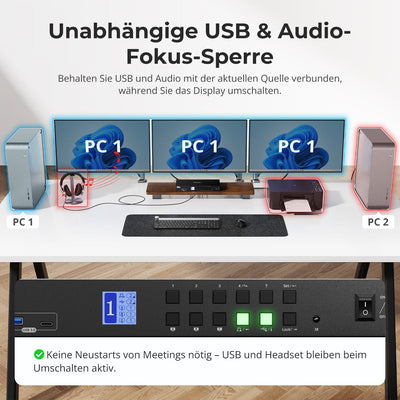 TESmart.DE HDK403-P23-EUBK KVM Switch HDMI 2.0 & DP 1.2 Triple Monitor KVM-Switch 4K60Hz mit USB 3.0 Hub, Headset, Audio & Mikrofon 10652805091133 4-Port USB-C KVM-Switch für 3 Monitore, 4K60Hz, USB 3.0 & Hotkey | TESmart