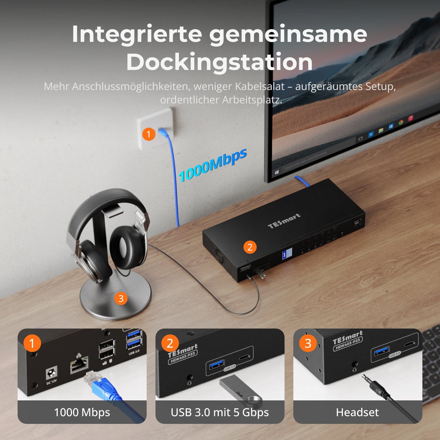 TESmart.DE HDK403-P23-EUBK KVM Switch HDMI 2.0 &amp; DP 1.2 Triple Monitor KVM-Switch 4K60Hz mit USB 3.0 Hub, Headset, Audio &amp; Mikrofon 10652805091133 4-Port USB-C KVM-Switch für 3 Monitore, 4K60Hz, USB 3.0 &amp; Hotkey | TESmart