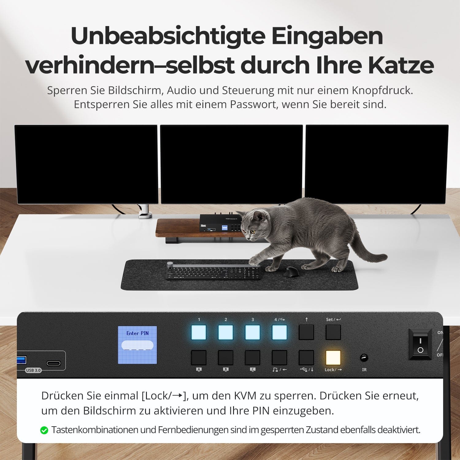 TESmart.DE HDK403-P23-EUBK KVM Switch HDMI 2.0 &amp; DP 1.2 Triple Monitor KVM-Switch 4K60Hz mit USB 3.0 Hub, Headset, Audio &amp; Mikrofon 10652805091133 4-Port USB-C KVM-Switch für 3 Monitore, 4K60Hz, USB 3.0 &amp; Hotkey | TESmart
