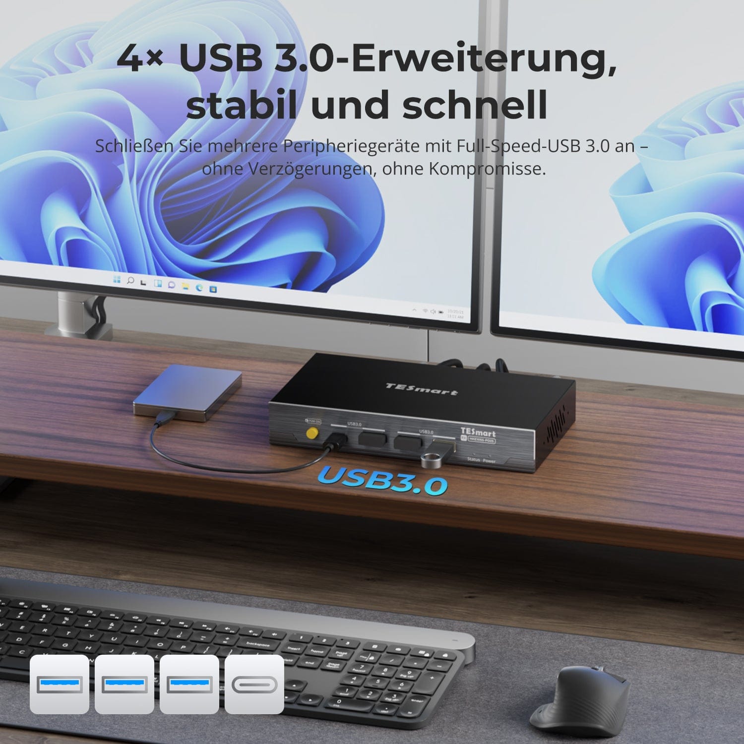 TESmart.DE HKE10SS-PD25-EUBK 100M Dual 4K60 KVM Extender über ein einzelnes Cat6a-Kabel für Remote-Arbeitsplätze &amp; Gaming 10617230232360 100M Dual 4K60 KVM Extender über ein einzelnes Cat6a-Kabel für Remote-Arbeitsplätze &amp; Gaming