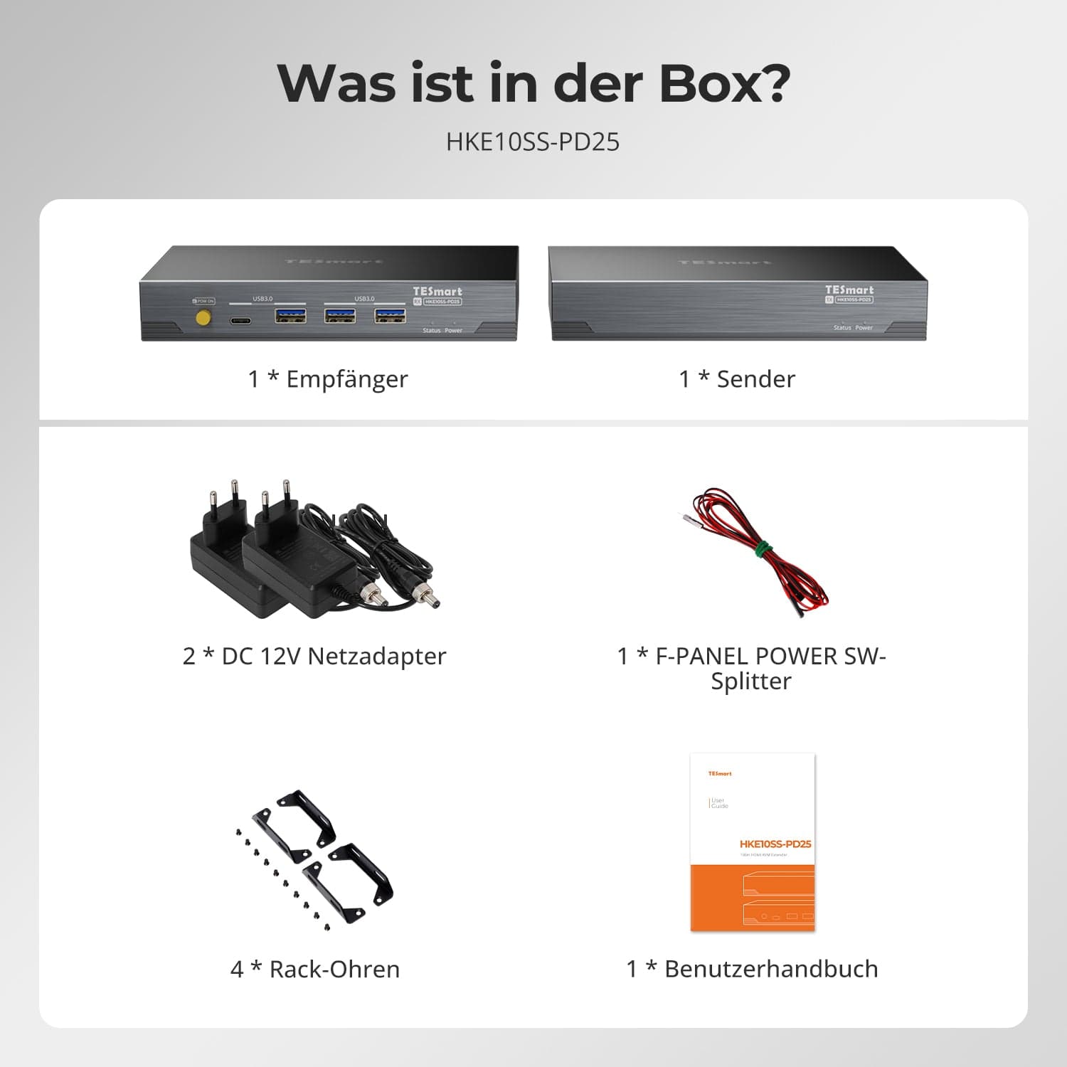 TESmart.DE HKE10SS-PD25-EUBK 100M Dual 4K60 KVM Extender über ein einzelnes Cat6a-Kabel für Remote-Arbeitsplätze &amp; Gaming 10617230232360 100M Dual 4K60 KVM Extender über ein einzelnes Cat6a-Kabel für Remote-Arbeitsplätze &amp; Gaming