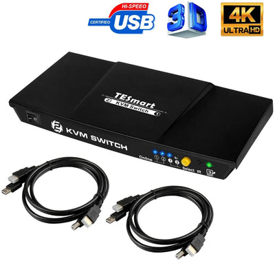 TESmart.DE HKS0201A20-USBK HDMI KVM Switch TESmart HDMI KVM Switch 2x1 4K@30Hz with 2 Pcs 5ft KVM Cables Supports USB 2.0 Device Control up to 4 Computers/Servers/DVR US Plug / Black