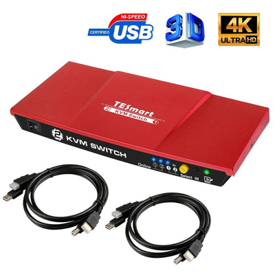 TESmart.DE HKS0201A20-USRD HDMI KVM Switch TESmart HDMI KVM Switch 2x1 4K@30Hz with 2 Pcs 5ft KVM Cables Supports USB 2.0 Device Control up to 4 Computers/Servers/DVR US Plug / Red