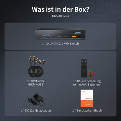 TESmart.DE HKS201-M24-EUBK 8K60Hz HDMI 2.1 2x1 KVM-Switch Pro-Hub für 2 PCs, mit EDID-Emulation, Gigabit-LAN, Dual-Ladefunktion &amp; USB 3.2 Gen 1 10652805091171 Ultra HD 8K60Hz 2×1 HDMI KVM-Switch für 2 PCs, mit EDID-Emulation, Gigabit-LAN, USB 3.2 Gen1 &amp; Schnellladung