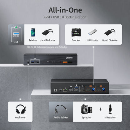 TESmart.DE HKS201-M24-EUBK 8K60Hz HDMI 2.1 2x1 KVM-Switch Pro-Hub für 2 PCs, mit EDID-Emulation, Gigabit-LAN, Dual-Ladefunktion &amp; USB 3.2 Gen 1 10652805091171 Ultra HD 8K60Hz 2×1 HDMI KVM-Switch für 2 PCs, mit EDID-Emulation, Gigabit-LAN, USB 3.2 Gen1 &amp; Schnellladung