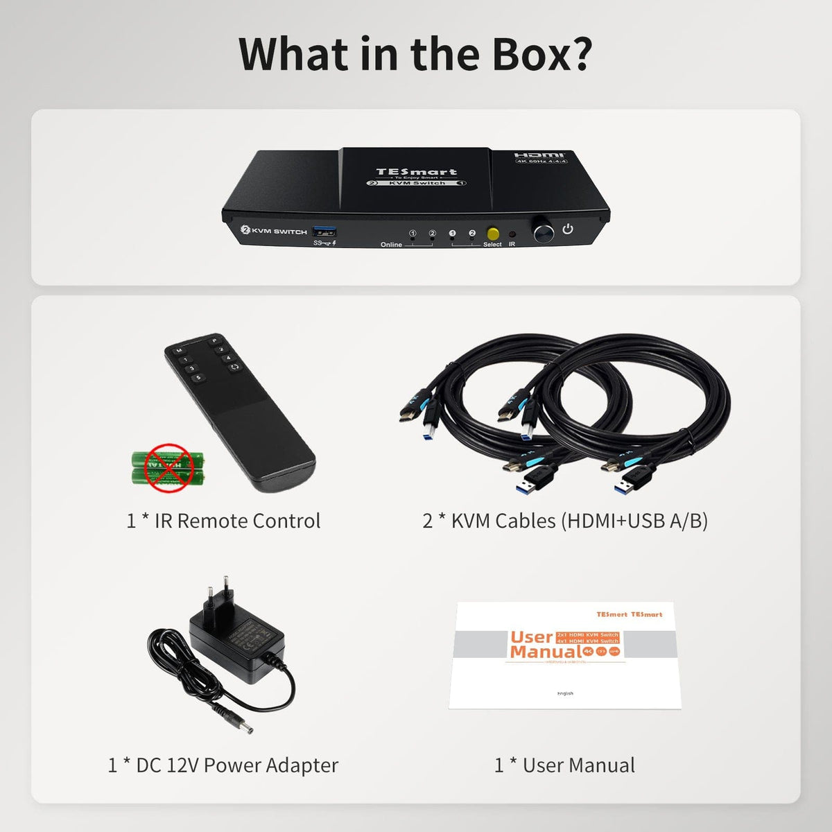 TESmart.DE HKS201-P23-EUBK 2-Port KVM-Switch-Kit HDMI 4K60Hz mit USB 3.0 Dockingstation, 2 PCs 1 Monitor 10652805090440