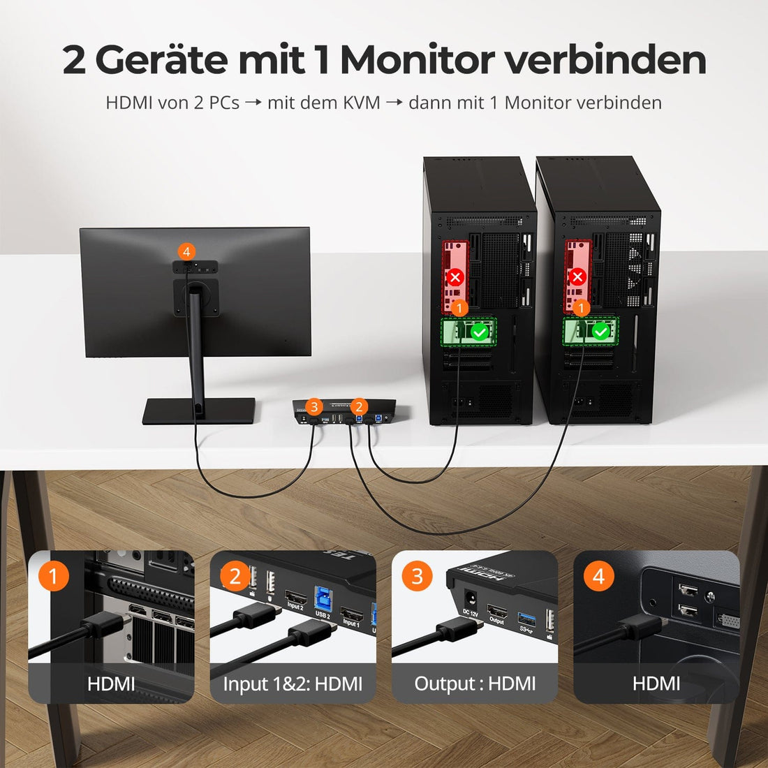 TESmart.DE HKS201-P23-EUBK KVM Switch 2-Port KVM-Switch-Kit HDMI 4K60Hz mit USB 3.0 Dockingstation, 2 PCs 1 Monitor 10652805090440 2-Port HDMI KVM-Switch mit USB 3.0 Docking für 1 Monitor | TESmart