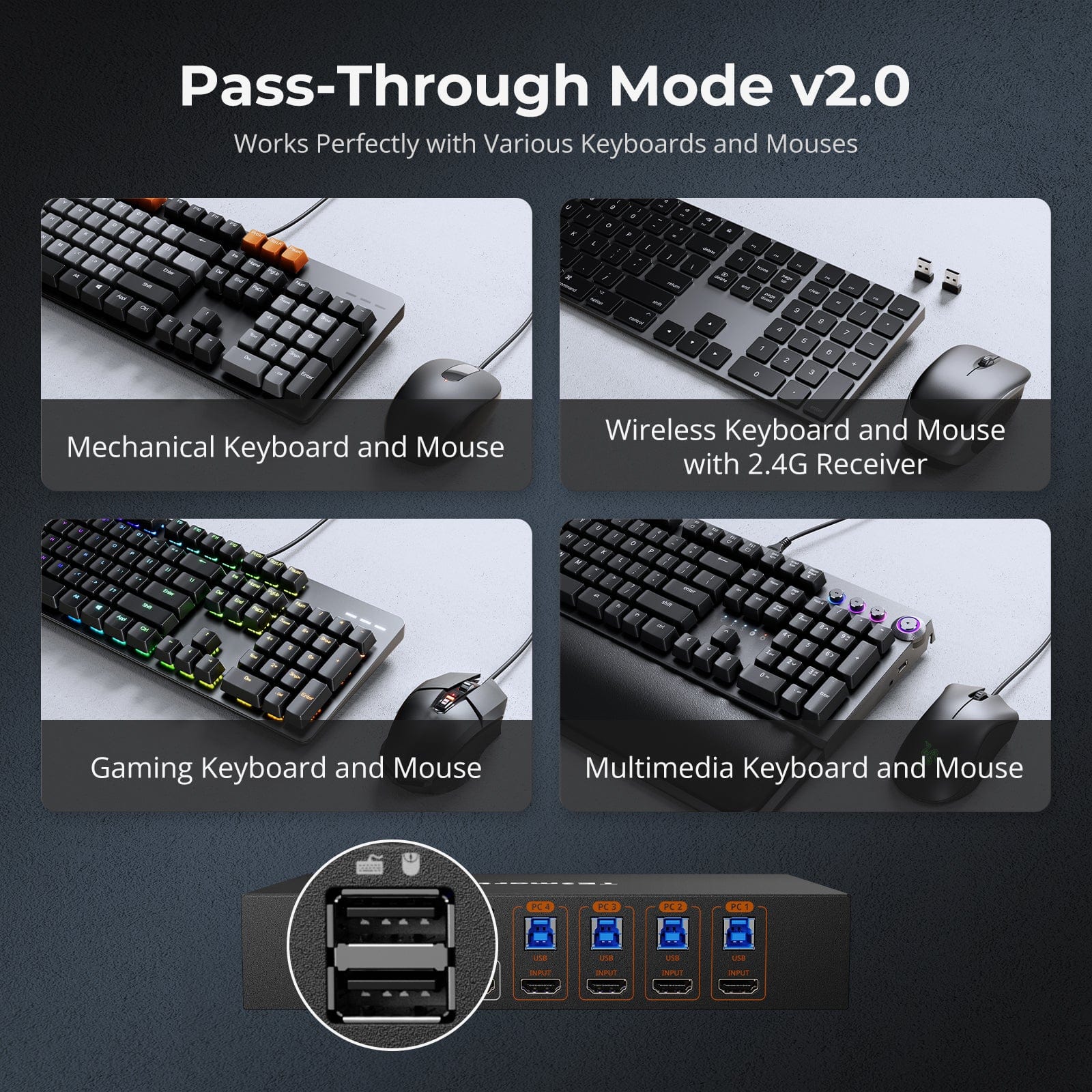 TESmart.DE HKS401-M24-EUBK 4-fach 8K60 HDMI 2.1 KVM-Switch mit integriertem Netzwerk-Switch, USB-3.2-Hub, Gigabit-LAN, RGB-Lichtleiste &amp; Fernbedienung – 4 PCs, 1 Monitor 10652805092086 4-fach 8K60 HDMI 2.1 KVM-Switch mit integriertem Netzwerk-Switch, Gigabit-LAN, USB-3.2-Hub &amp; Fernbedienung – für Profis und Privatanwender, 4 PCs 1 Monitor