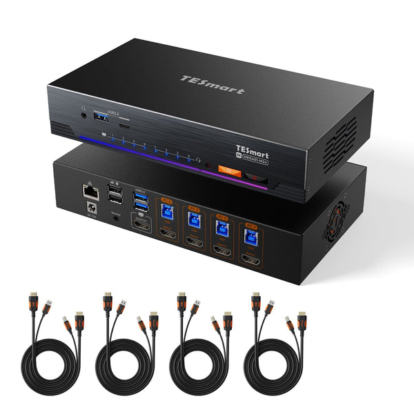 TESmart.DE HKS401-M24-EUBK 4-fach 8K60 HDMI 2.1 KVM-Switch mit integriertem Netzwerk-Switch, USB-3.2-Hub, Gigabit-LAN, RGB-Lichtleiste &amp; Fernbedienung – 4 PCs, 1 Monitor 10652805092086 4-fach 8K60 HDMI 2.1 KVM-Switch mit integriertem Netzwerk-Switch, Gigabit-LAN, USB-3.2-Hub &amp; Fernbedienung – für Profis und Privatanwender, 4 PCs 1 Monitor