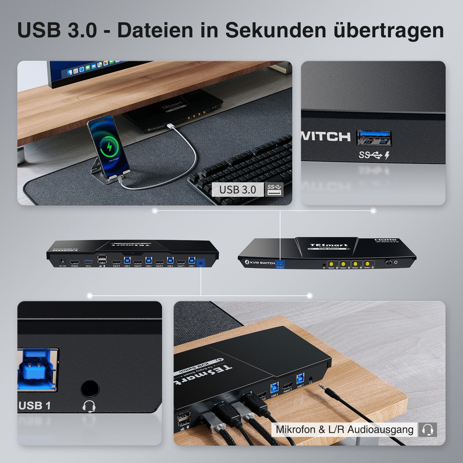 TESmart.DE HKS401-P23-EUBK KVM Switch 4 Port KVM Switch Kit HDMI 4K60Hz mit USB 3.0 Dockingstation, 4 PCs 1 Monitor 10652805090402 EU Plug