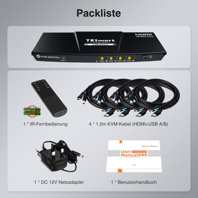 TESmart.DE HKS401-P23-EUBK KVM Switch 4 Port KVM Switch Kit HDMI 4K60Hz mit USB 3.0 Dockingstation, 4 PCs 1 Monitor 10652805090402 EU Plug
