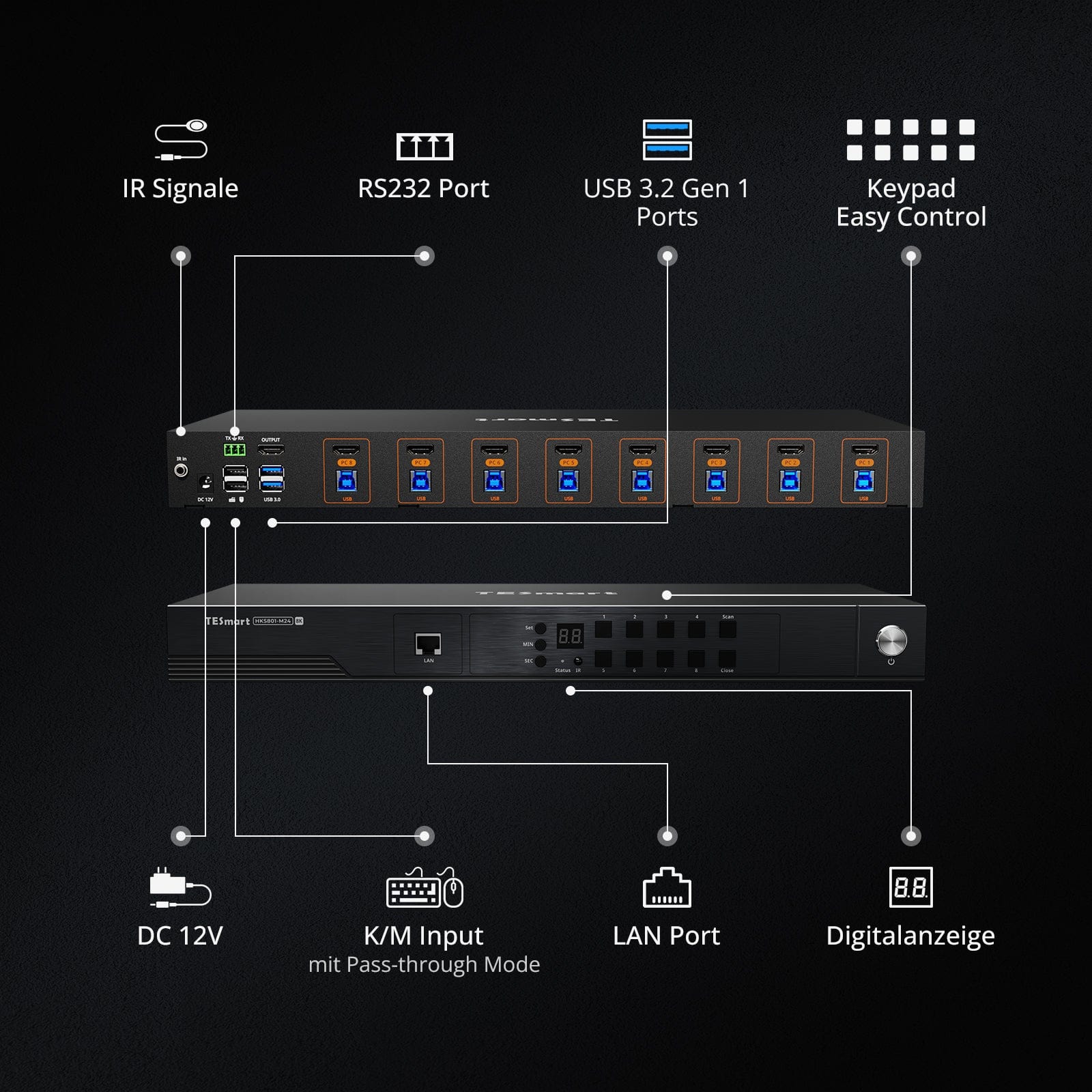 TESmart.DE HKS801-M24-EUBK HDMI KVM Switch HDMI 2.1 8K60Hz 8x1 KVM-Switch für 8 PCs und 1 Monitor, mit ADI-Chip, EDID-Emulator, VRR, FVA, ALLM, 48 Gbps und Dynamic HDR 10652805091980 HDMI 2.1 8K60Hz 8x1 KVM-Switch für 8 PCs und 1 Monitor, mit ADI-Chip, EDID, VRR, FVA, ALLM, HDR