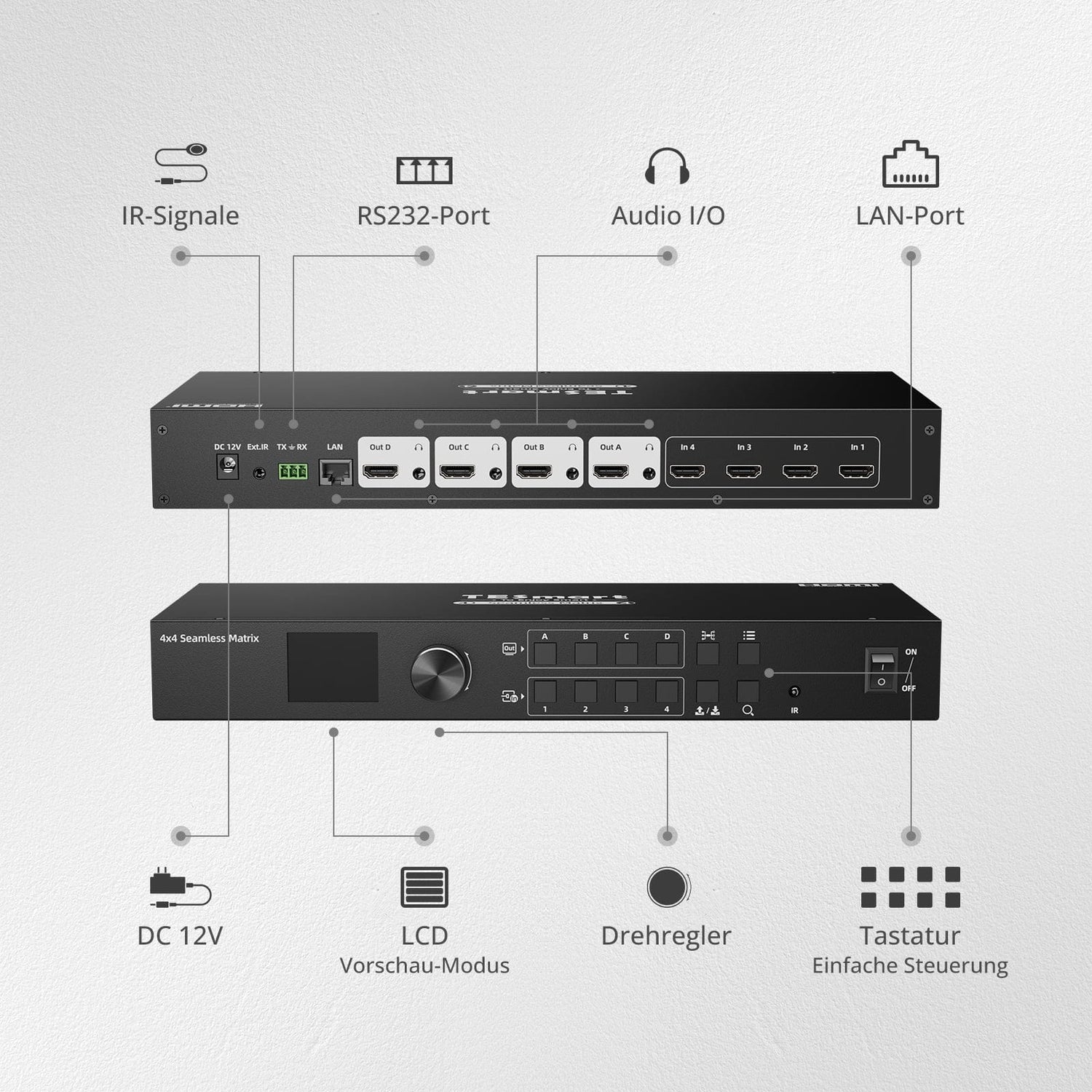 TESmart.DE HMA404-ES23-EUBK HDMI Matrix 4x4 HDMI Nahtloser Matrix-Switch 1920x1080@60Hz mit LCD, Audio-Aufteilung und Vorschau-Modus 10652805090594 4x4 HDMI Nahtloser Matrix-Switch 1920x1080@60Hz mit LCD, Audio-Aufteilung und Vorschau-Modus EU Plug