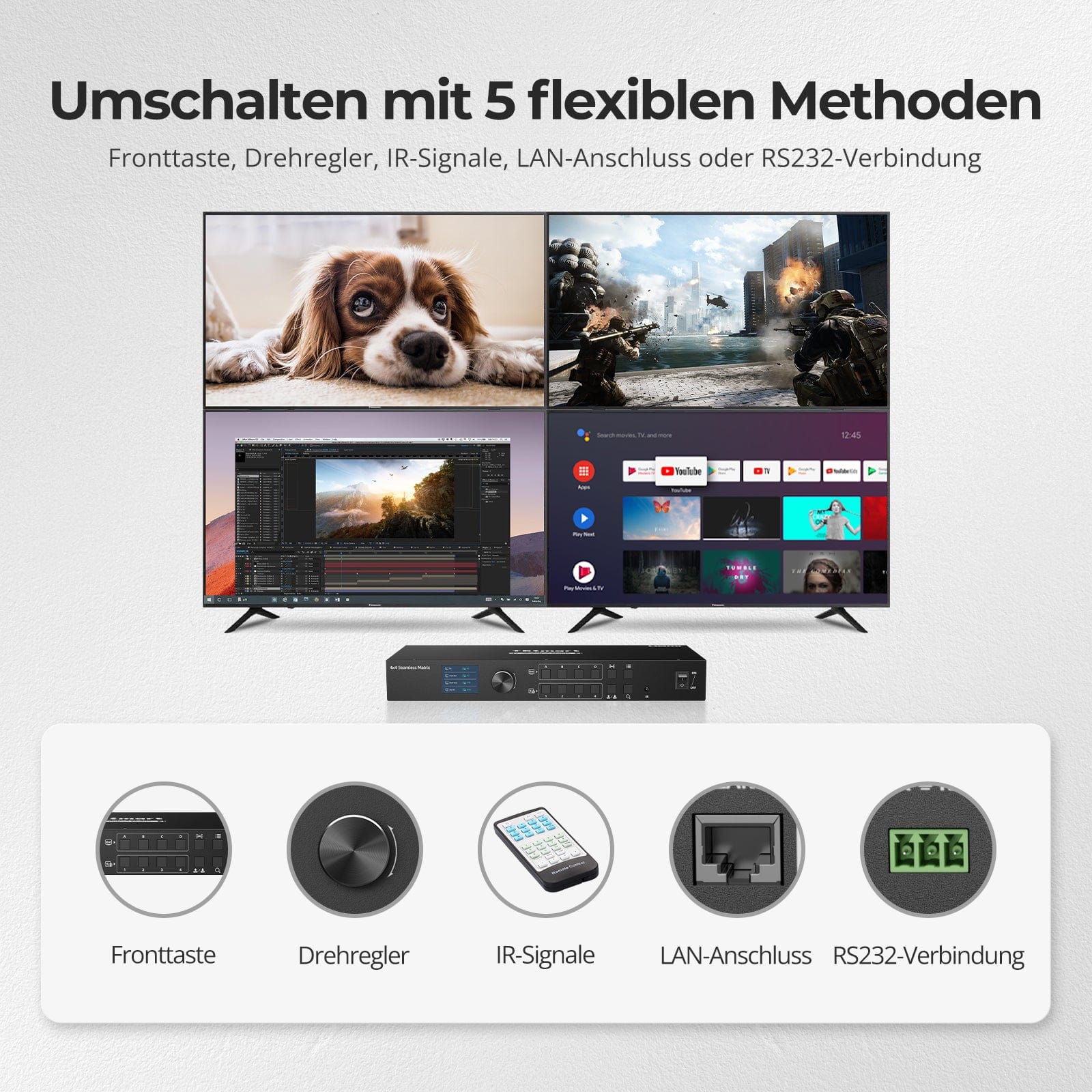 TESmart.DE HMA404-ES23-EUBK HDMI Matrix 4x4 HDMI Nahtloser Matrix-Switch 1920x1080@60Hz mit LCD, Audio-Aufteilung und Vorschau-Modus 10652805090594 4x4 HDMI Nahtloser Matrix-Switch 1920x1080@60Hz mit LCD, Audio-Aufteilung und Vorschau-Modus EU Plug